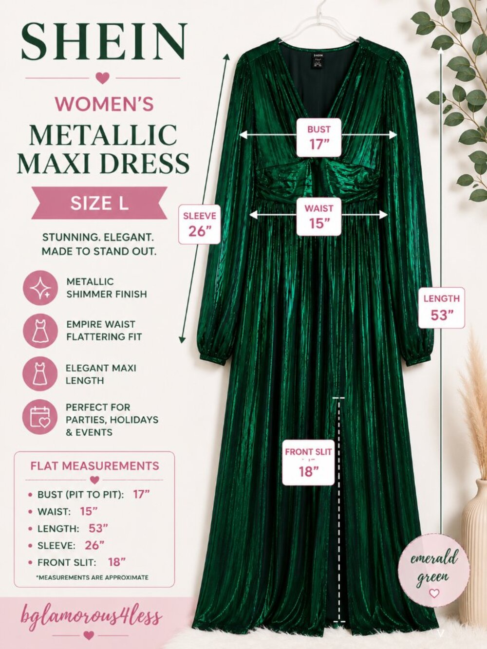 SHEIN Emerald Green Metallic Maxi Dress Long Sleeve Size L - Picture 3 of 6
